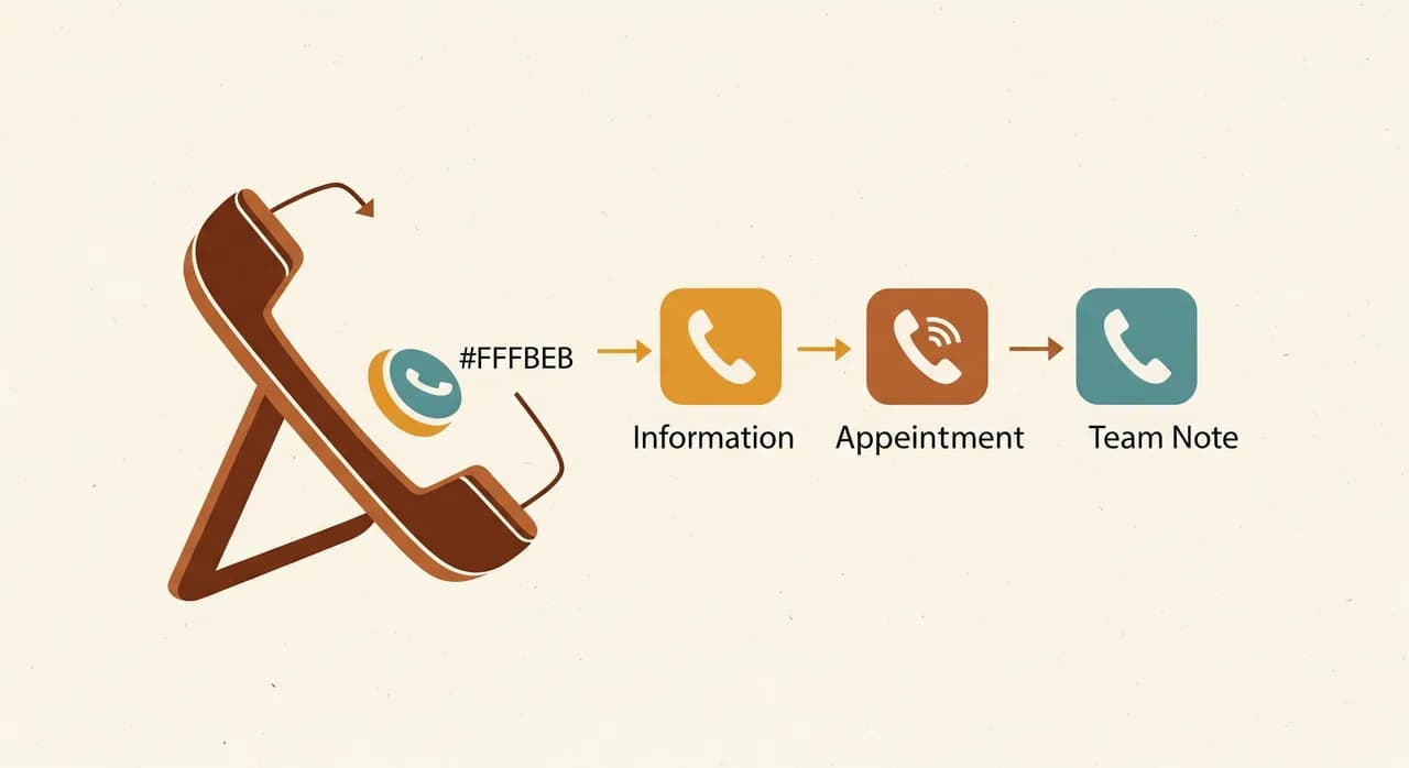 Schematische Darstellung eines KI-Telefonassistenten, der Anrufe nach Kategorie in Auskunft, Termin und Team-Notiz sortiert