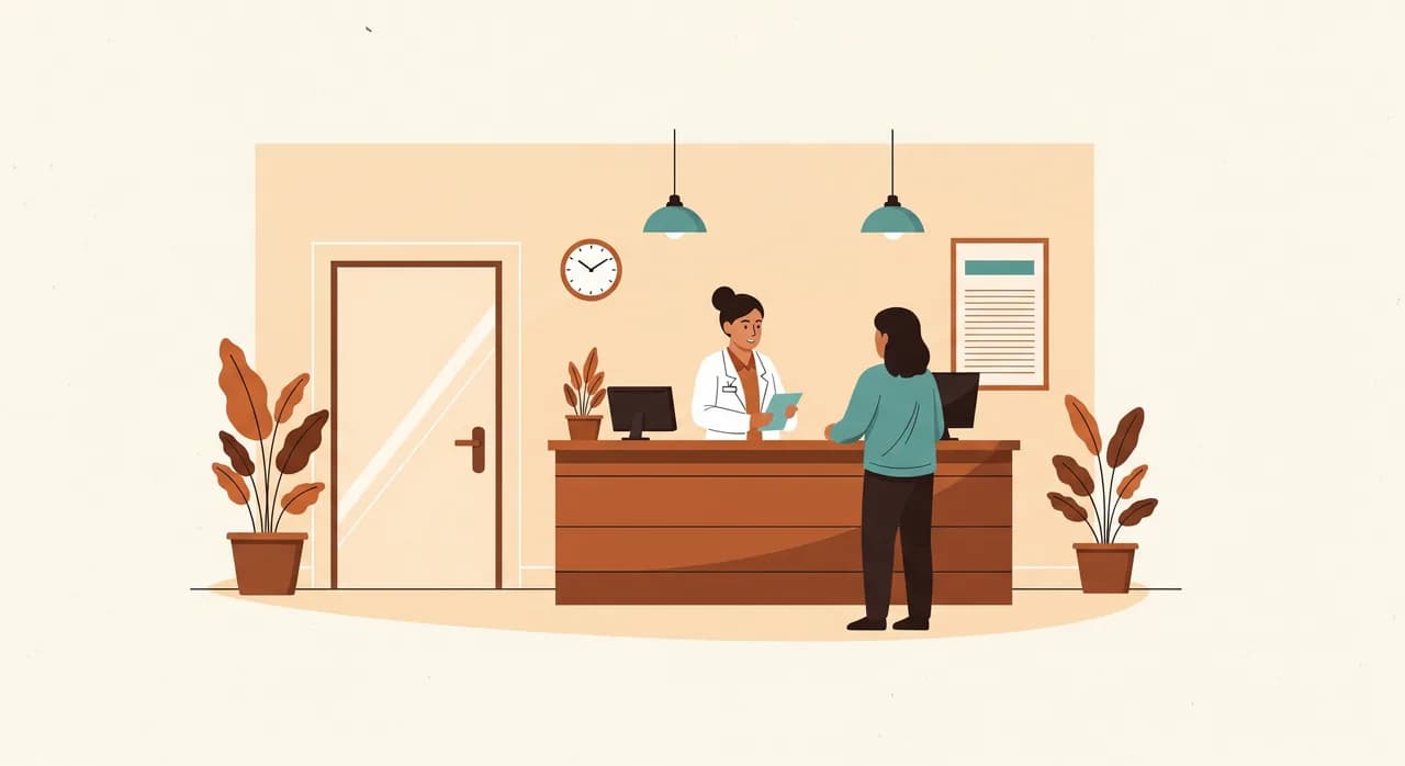 Ruhiger Empfang einer Arztpraxis, an dem eine Mitarbeiterin in Ruhe mit einem Patienten spricht