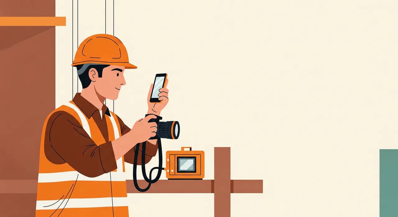 Handwerker nimmt auf der Baustelle mit dem Smartphone ein Aufmaß und fotografiert die Situation vor Ort