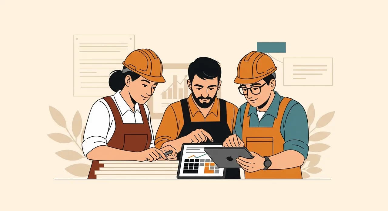 Handwerksteam bespricht am Tablet die erfassten Aufmaße und die daraus entstandene Kalkulation
