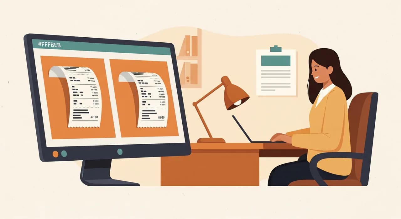 Digital archivierte Belege auf einem Bildschirm im Büro eines kleinen österreichischen Betriebs
