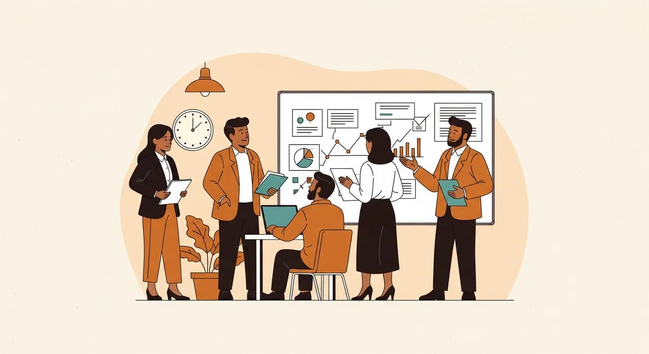 Team in einem kleinen österreichischen Unternehmen bespricht die Einführung eines CRM-Systems an einem Whiteboard