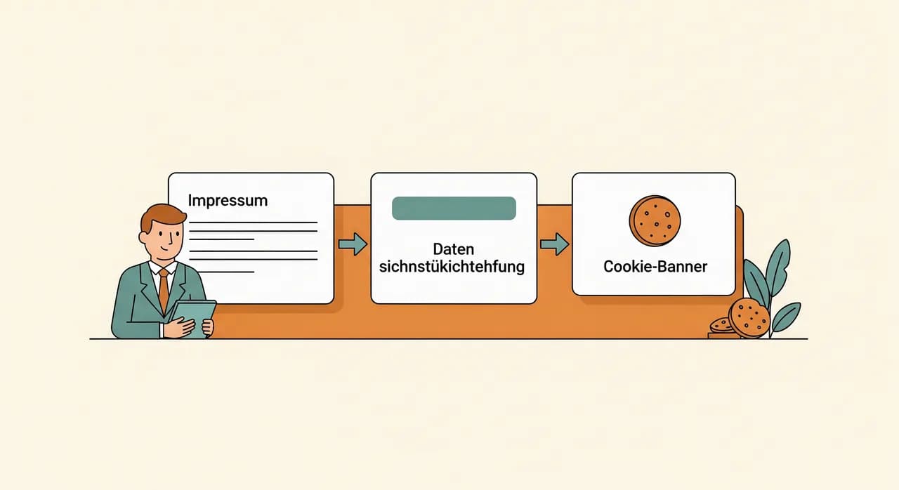 Schematische Darstellung der drei Pflichtelemente Impressum, Datenschutzerklärung und Cookie-Banner einer Website