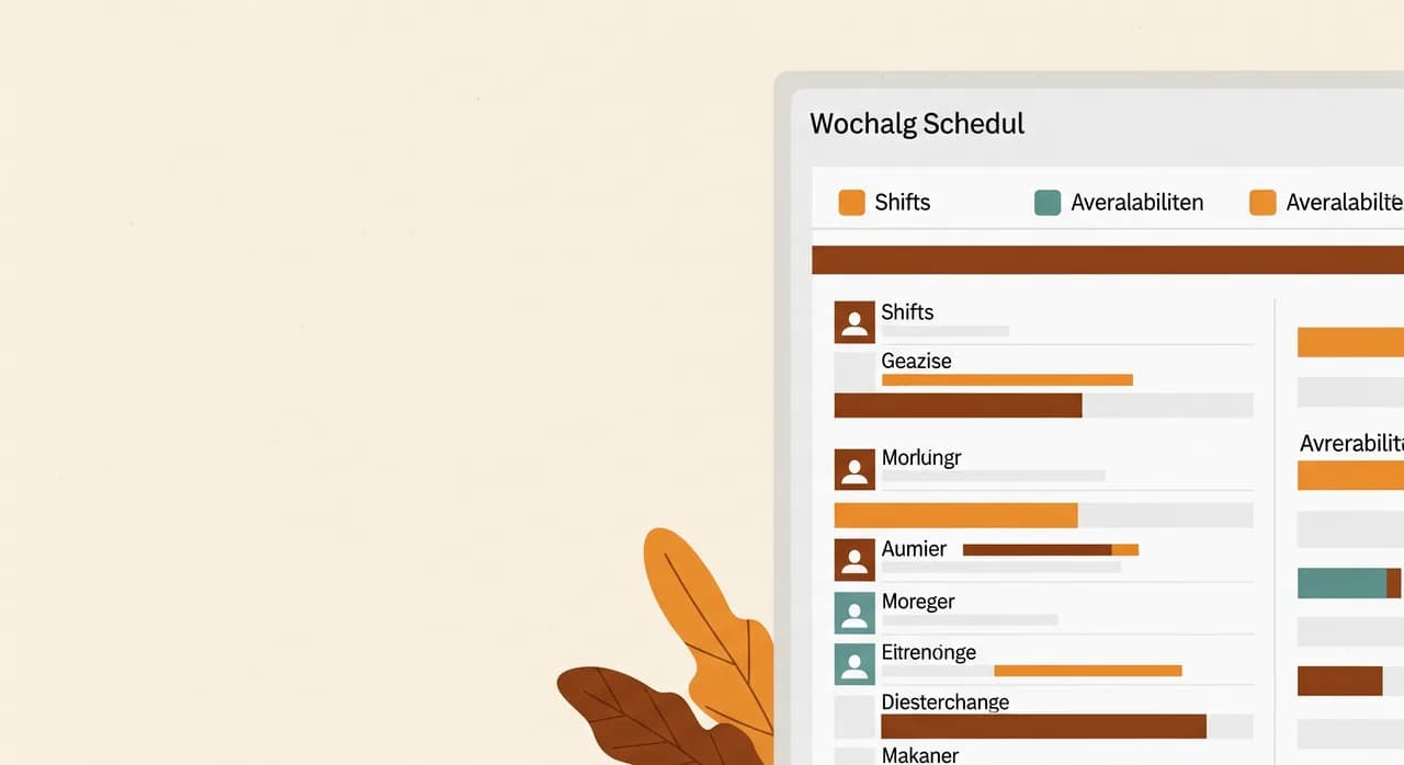 Wochenübersicht eines digitalen Dienstplans mit Schichten, Mitarbeiternamen und farbig markierten Verfügbarkeiten auf einem Bildschirm