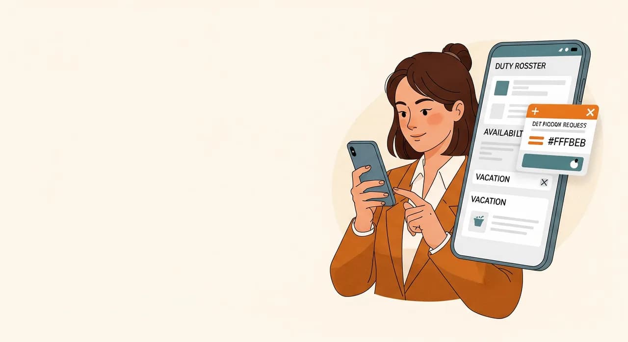 Mitarbeiterin trägt auf dem Smartphone ihre Verfügbarkeiten und einen Urlaubswunsch in eine Dienstplan-App ein