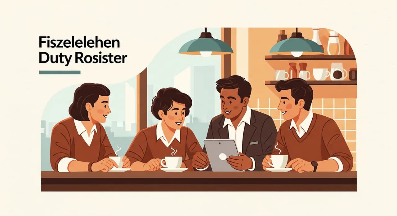 Team in einem Café bespricht entspannt den fertigen Dienstplan auf einem Tablet an der Theke