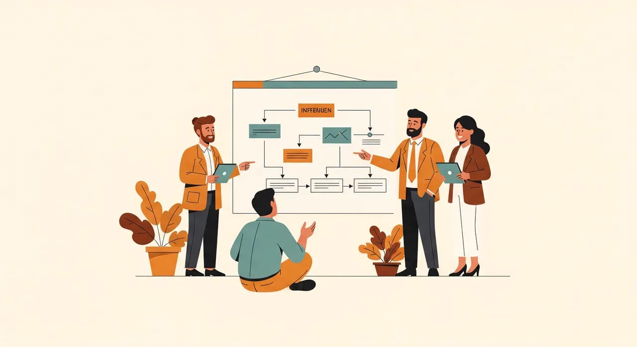 Team eines österreichischen KMU bespricht die Einführung eines Dokumentenmanagement-Systems anhand eines Ablaufplans