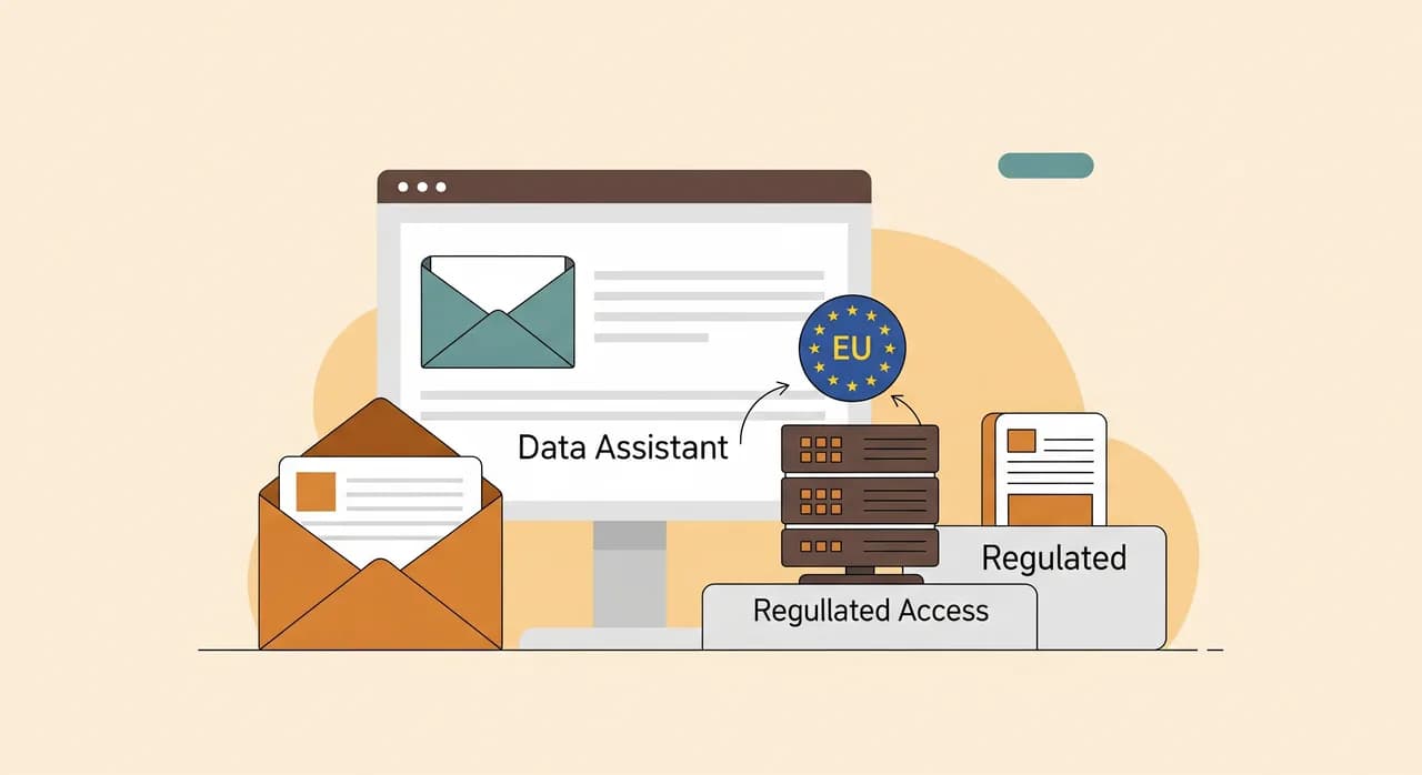 Schematische Darstellung eines E-Mail-Assistenten mit EU-Serverstandort und geregelten Zugriffen als Symbol für Datenschutz