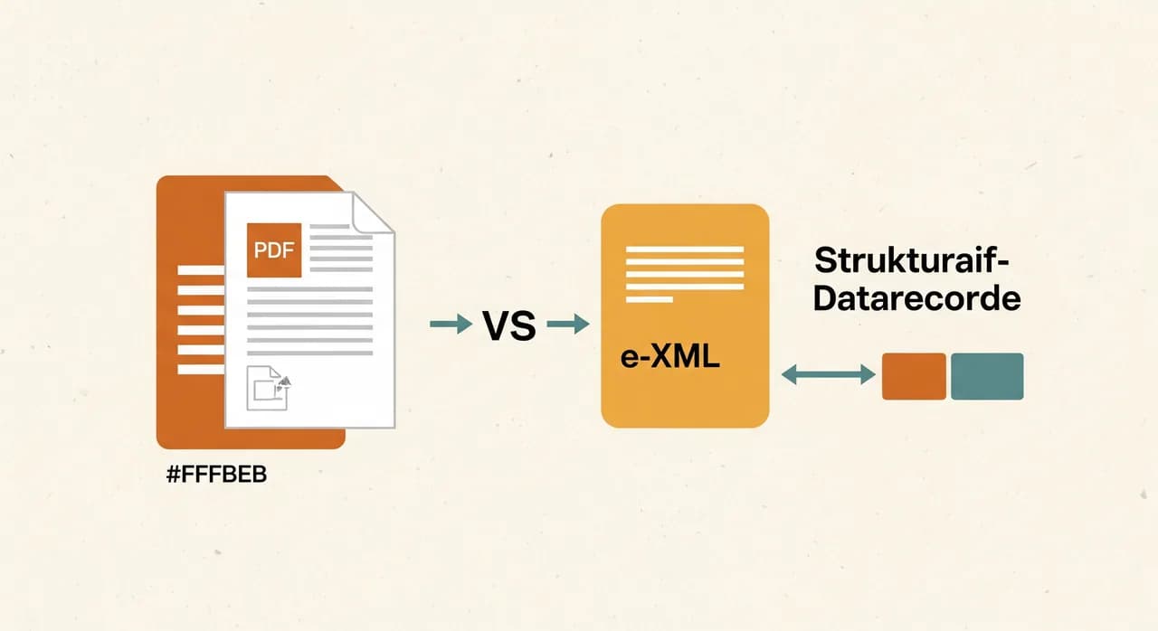 Schematischer Vergleich zwischen einem PDF-Dokument und einem strukturierten XML-Datensatz einer E-Rechnung