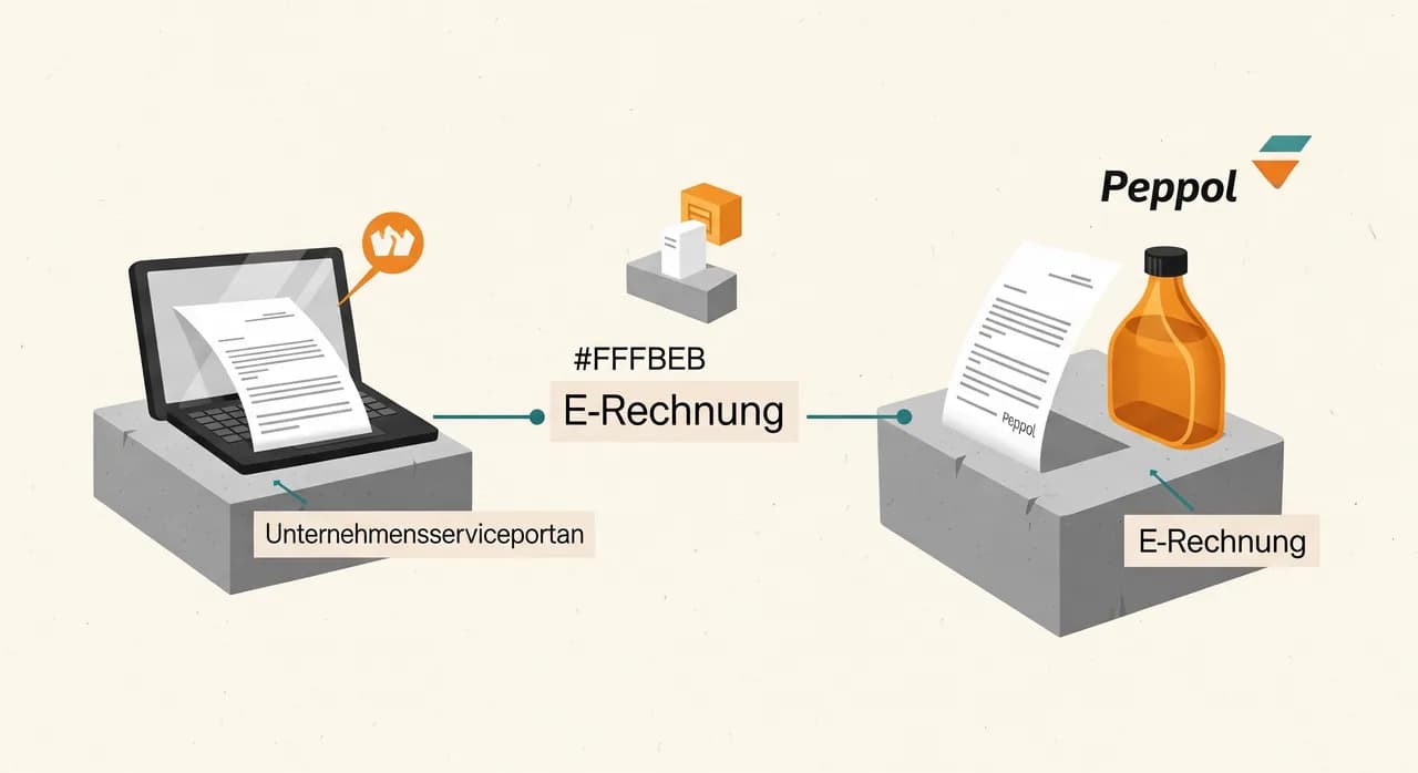 Ablauf einer E-Rechnung an den österreichischen Bund über das Unternehmensserviceportal und das Peppol-Netz