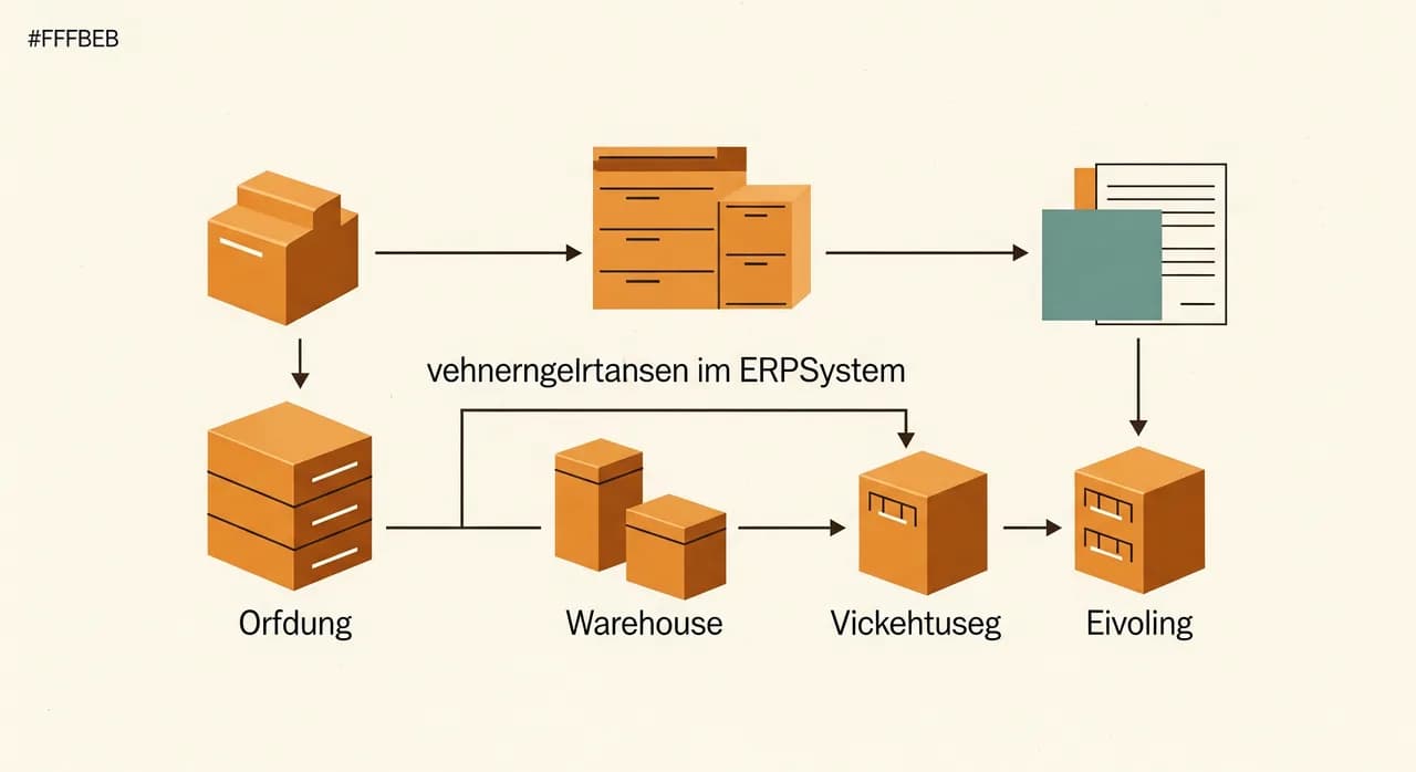 Schematische Darstellung, wie Auftrag, Lager, Einkauf und Rechnung in einem ERP-System auf eine gemeinsame Datenbasis zugreifen