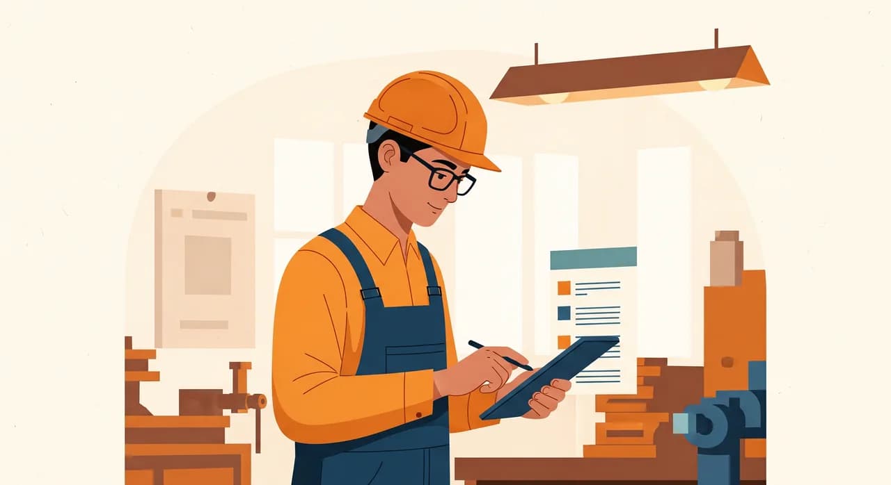 Handwerker in der Werkstatt erfasst einen Arbeitsauftrag auf einem Tablet