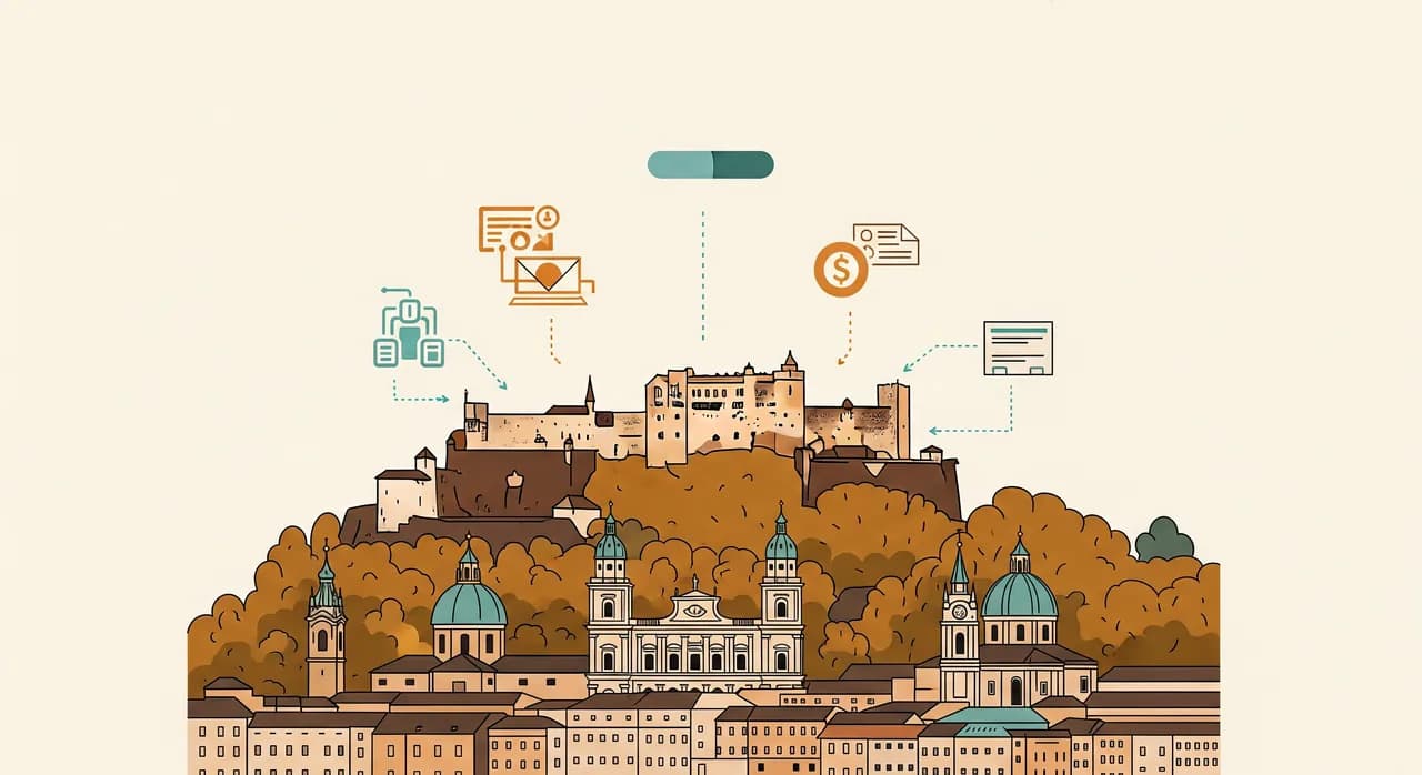 Symbolbild Salzburger Altstadt mit Festung, darüber Icons für digitale Prozesse und Förderungen
