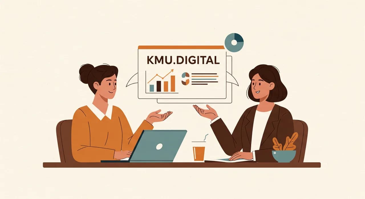 Unternehmerin und Berater besprechen an einem Tisch die Digitalisierungsschritte für einen KMU.DIGITAL-Antrag