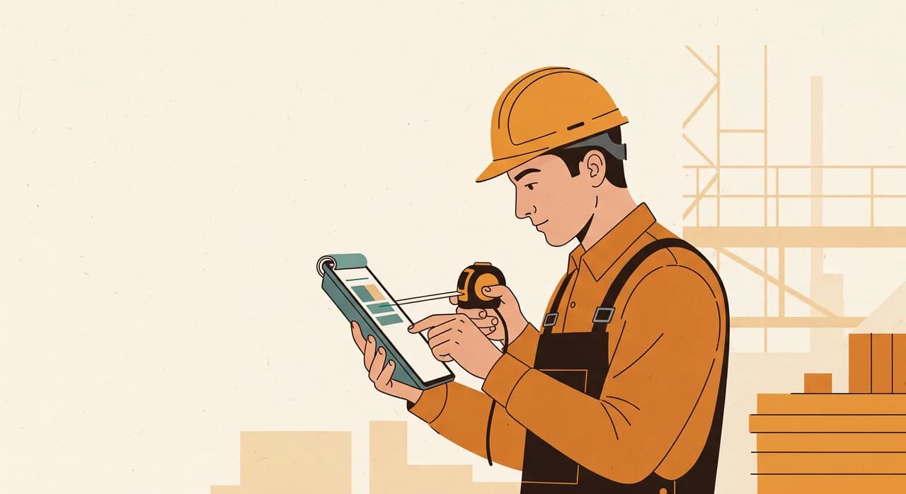 Handwerker beim Aufmaß auf der Baustelle mit Tablet statt Zettel