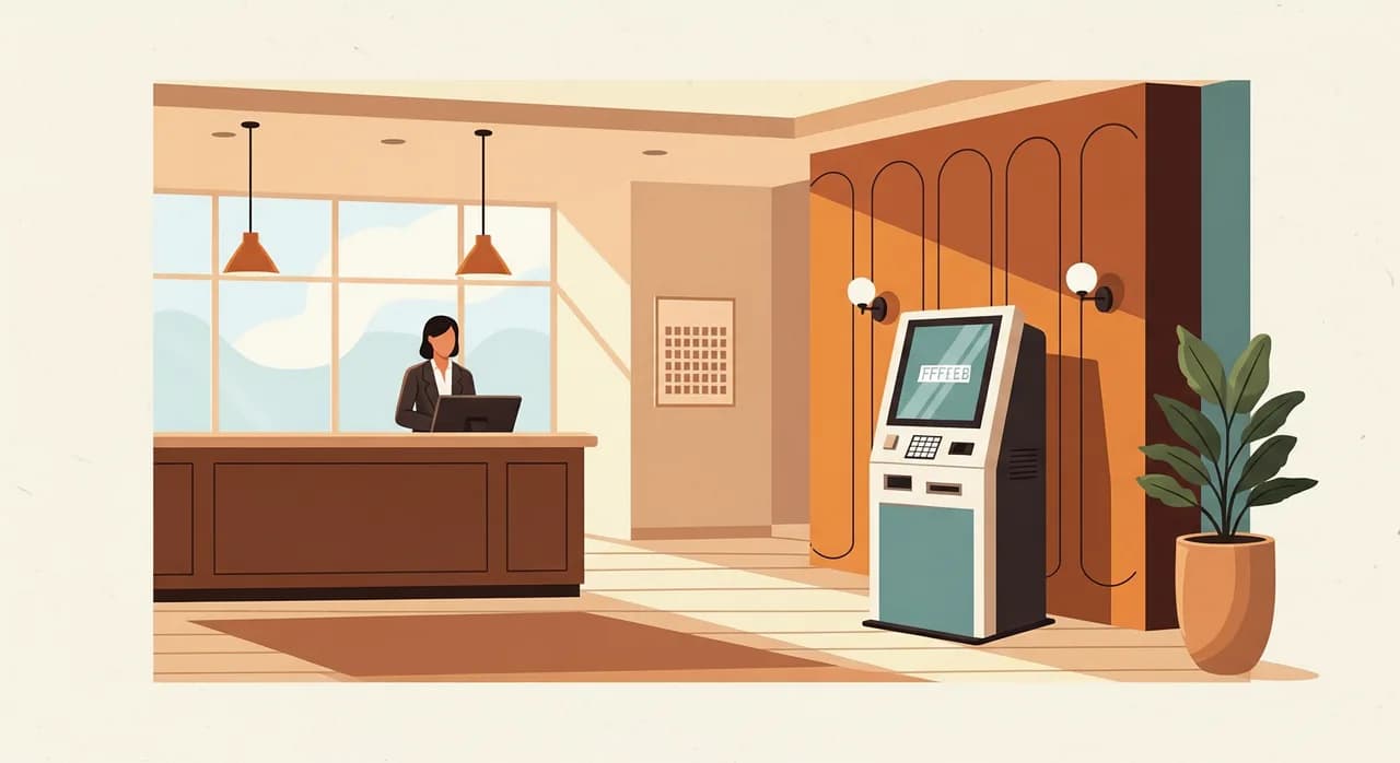 Ruhige Hotelrezeption mit Check-in-Automat im Foyer für Self-Service