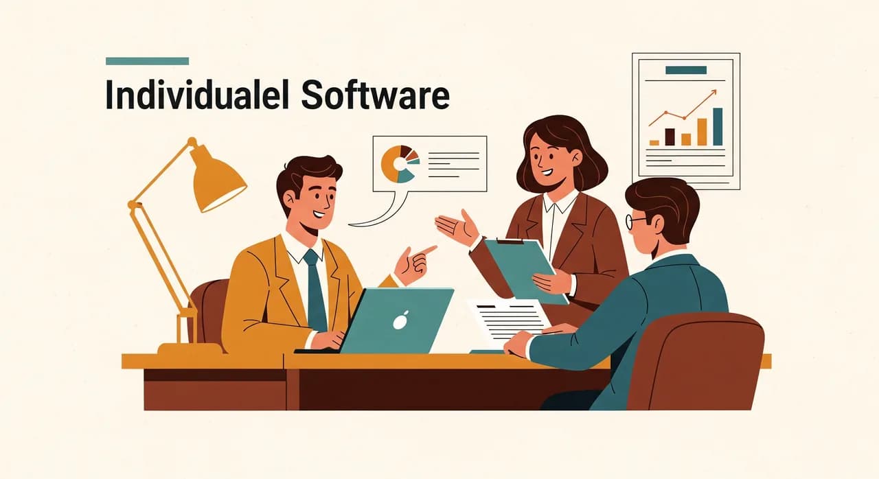 Unternehmerin bespricht mit Steuerberater die Abschreibung individueller Software am Schreibtisch