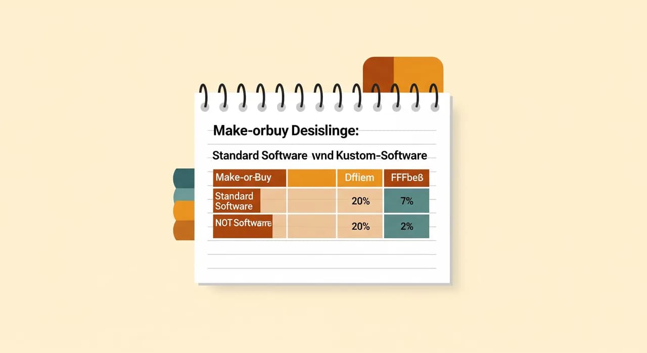 Notizblock mit make-or-buy-Entscheidungsraster für die Wahl zwischen Standardsoftware und individueller Software