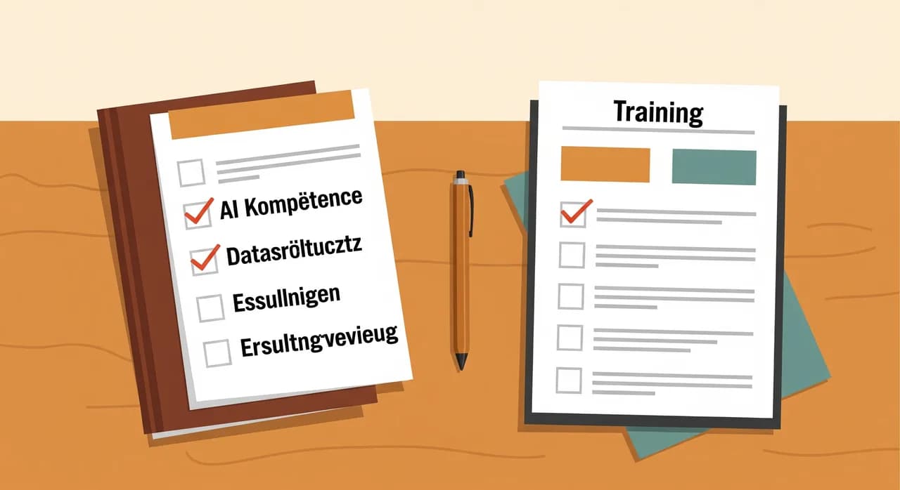 Schulungsunterlage mit Checkliste zu KI-Kompetenz, Datenschutz und Ergebnisprüfung auf einem Schreibtisch in einem österreichischen Büro