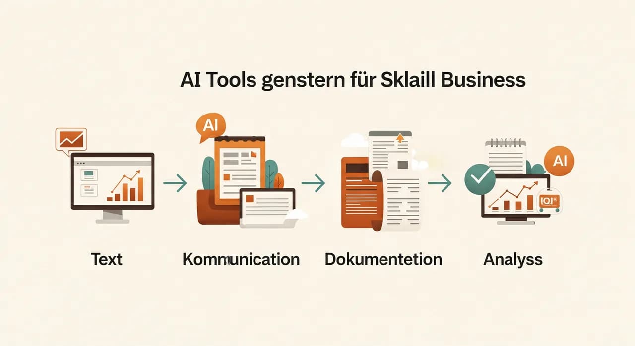 Übersicht von KI-Werkzeugen nach Aufgabenbereichen für ein kleines Unternehmen: Text, Kommunikation, Belege und Analyse