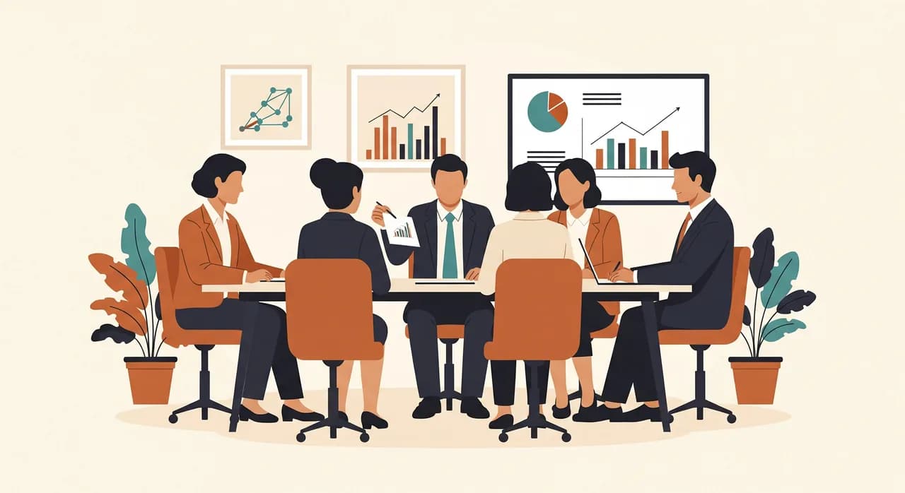 Team in einer Besprechung, das eine kurze interne KI-Schulung im Unternehmen durchführt