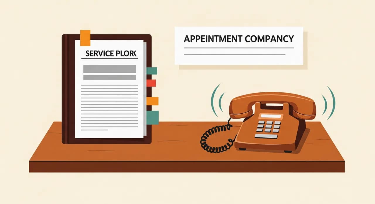 Rezeption eines Dienstleistungsbetriebs mit Papierterminbuch und klingelndem Telefon