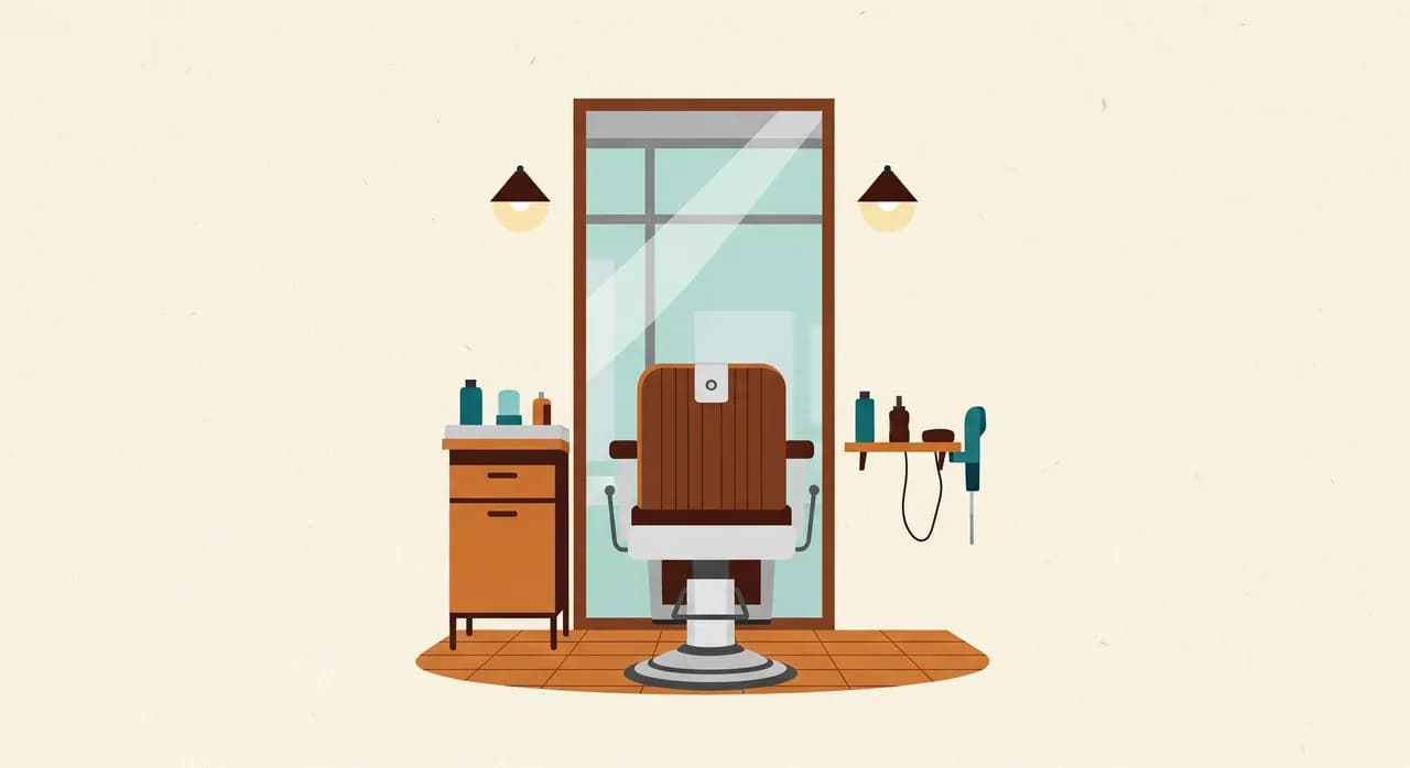 Leerer Friseurstuhl vor einem Spiegel im Salon während der Öffnungszeiten