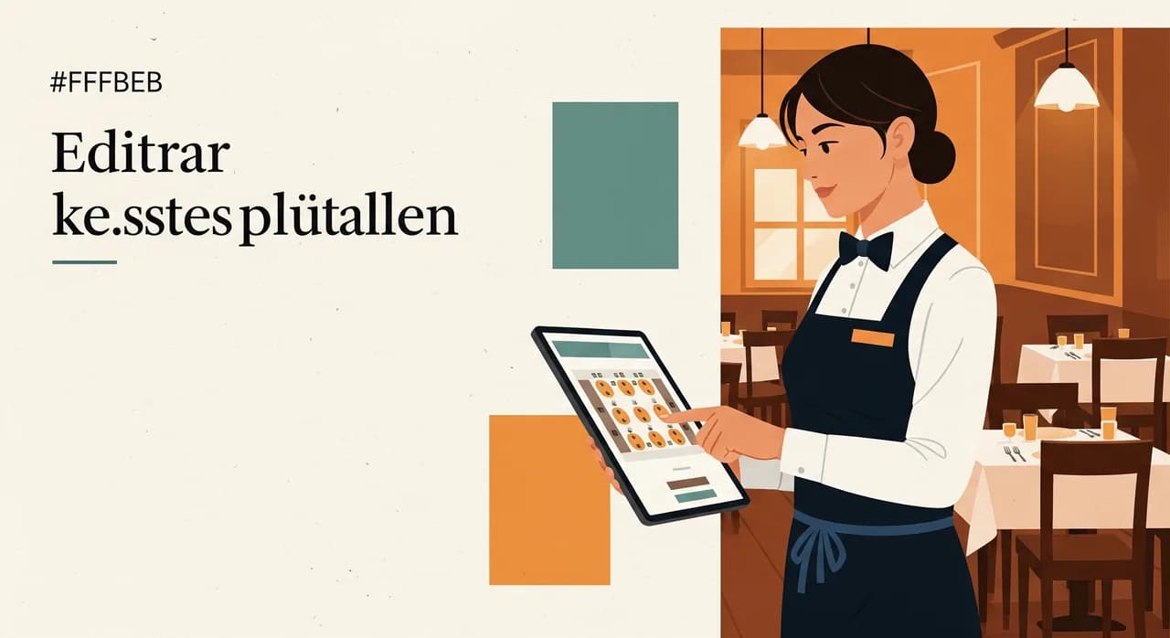 Servicekraft prüft am Tablet den Tischplan eines vollen Restaurants am Abend