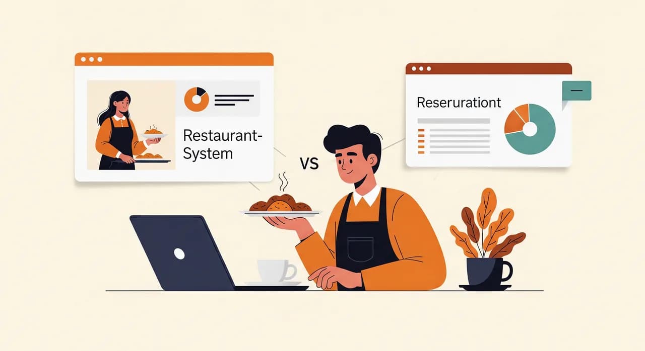Restaurantinhaber vergleicht am Laptop verschiedene Reservierungssysteme