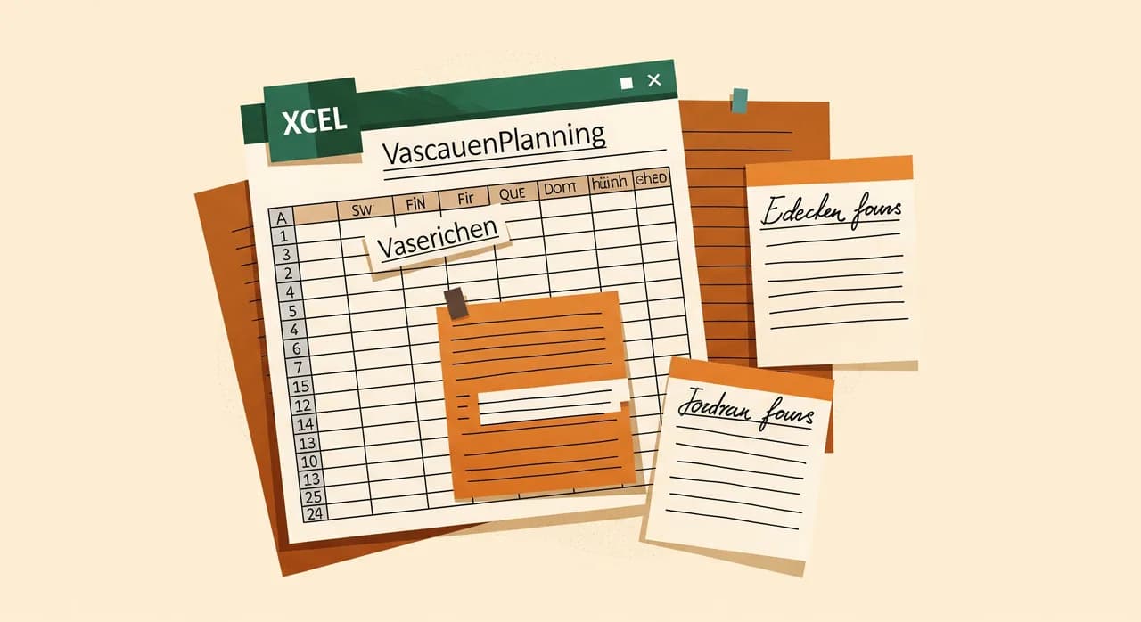 Unübersichtliche Excel-Liste zur Urlaubsplanung mit handschriftlichen Notizen daneben