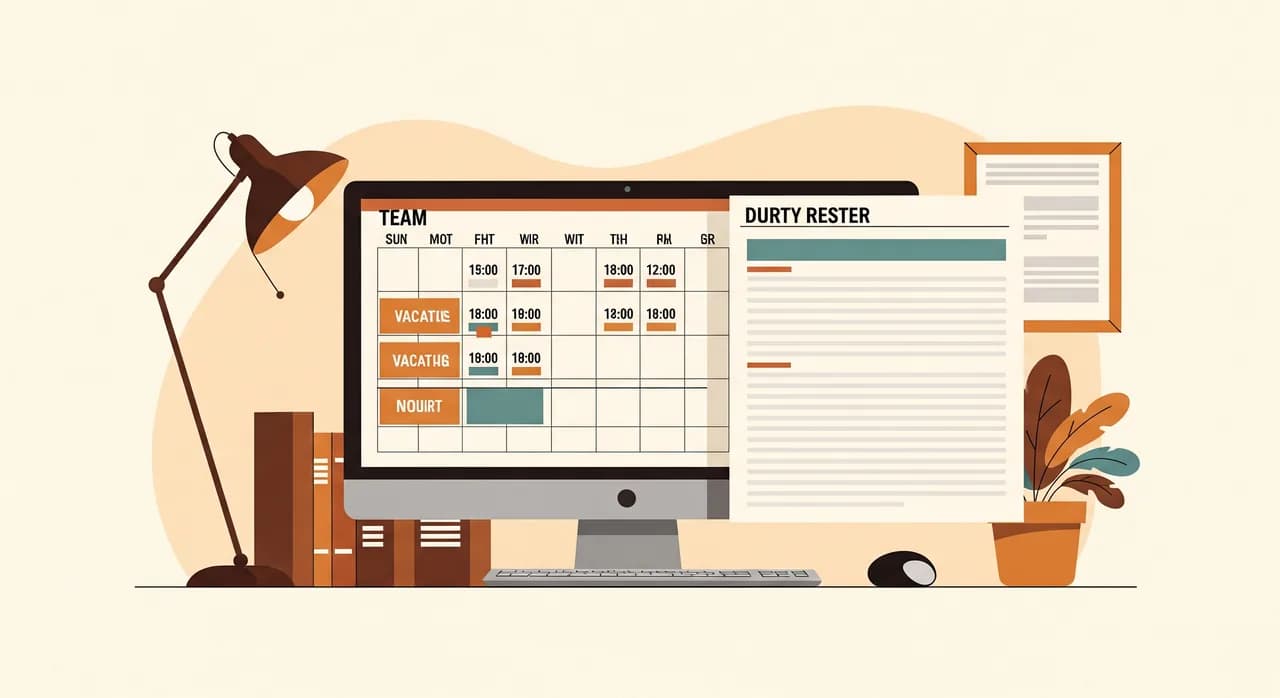 Team-Kalender mit Urlaubszeiten und Dienstplan auf einem Bildschirm im Büro