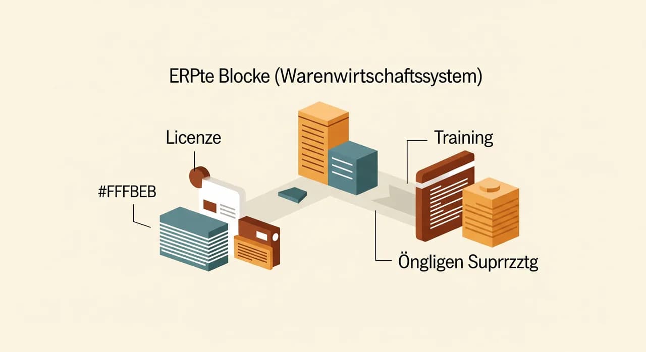 Übersicht der Kostenblöcke eines Warenwirtschaftssystems: Lizenz, Einrichtung, Schulung und laufende Betreuung