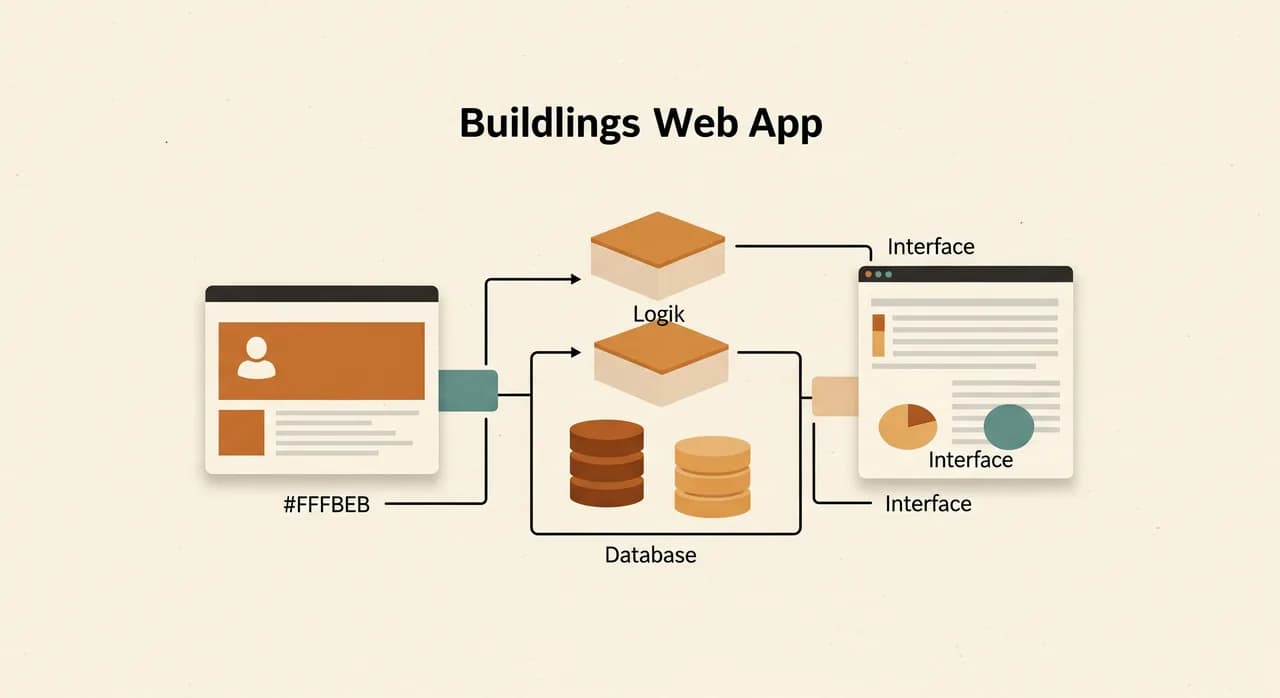 Übersicht der Bausteine einer Web-App: Benutzeroberfläche, Logik, Datenbank und Schnittstellen