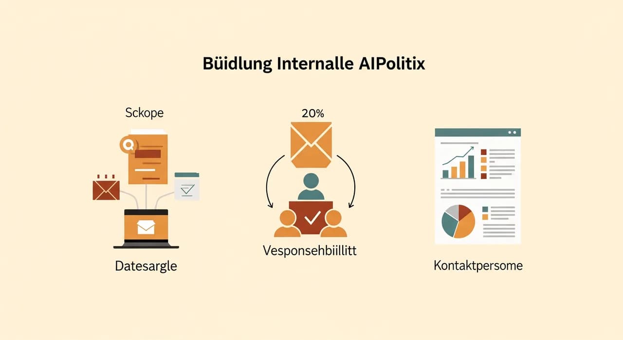 Übersicht der Bausteine einer internen KI-Richtlinie für Unternehmen: Geltungsbereich, Datenregeln, Verantwortung und Ansprechpartner