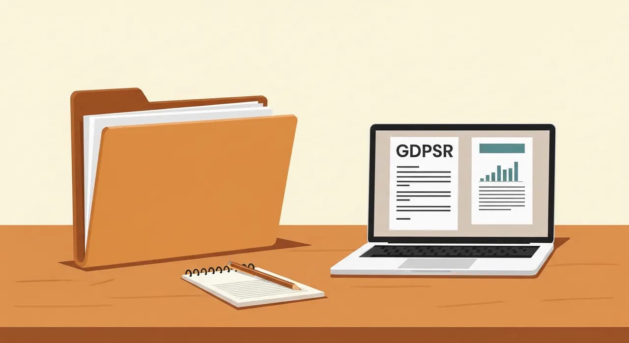 Schreibtisch mit Ordner, Laptop und Notizblock zur DSGVO-Dokumentation in einem kleinen Unternehmen