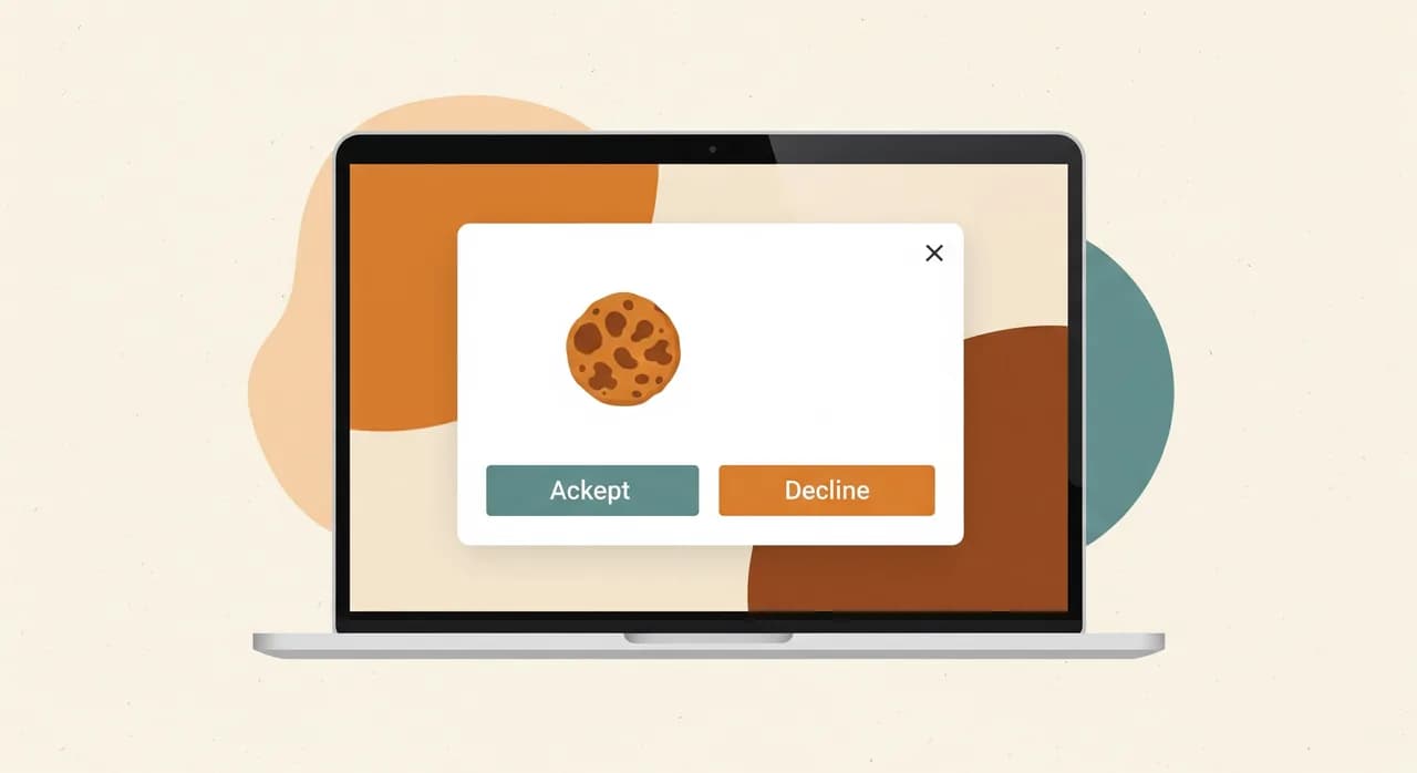 Laptop-Bildschirm mit Cookie-Einwilligungsdialog und gleichwertigen Buttons für Zustimmen und Ablehnen