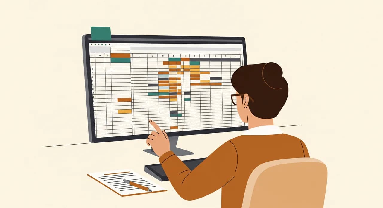 Person arbeitet an einer großen, komplexen Excel-Tabelle mit vielen Spalten und Farbcodes am Bildschirm