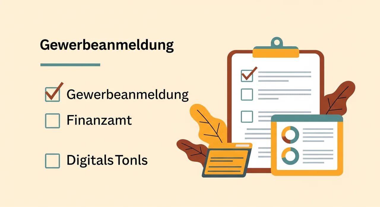 Checkliste mit erledigten Punkten zu Gewerbeanmeldung, Finanzamt und digitalen Werkzeugen