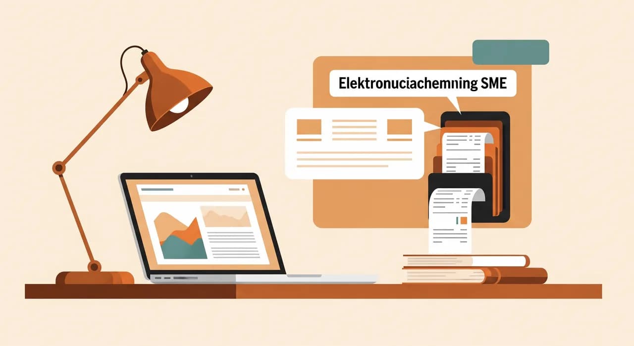 Schreibtisch mit Laptop und digitaler Belegablage für die elektronische Buchhaltung eines österreichischen KMU