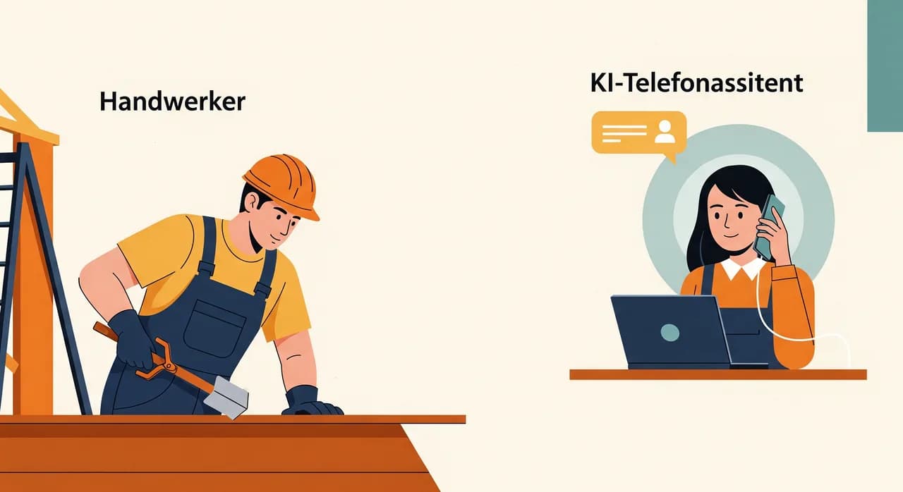 Handwerker auf einer Baustelle, während im Hintergrund ein KI-Telefonassistent einen Kundenanruf entgegennimmt