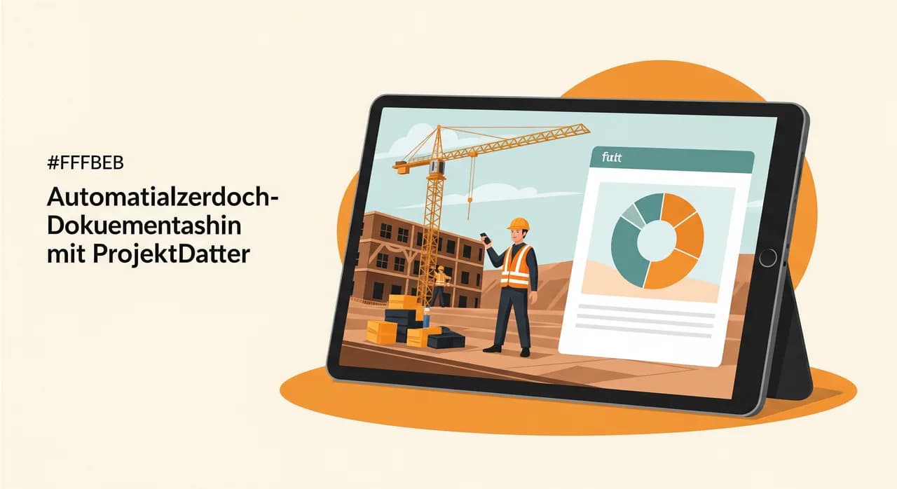 Tablet auf einer Baustelle zeigt eine automatisch erstellte Fotodokumentation mit zugeordneten Projektdaten
