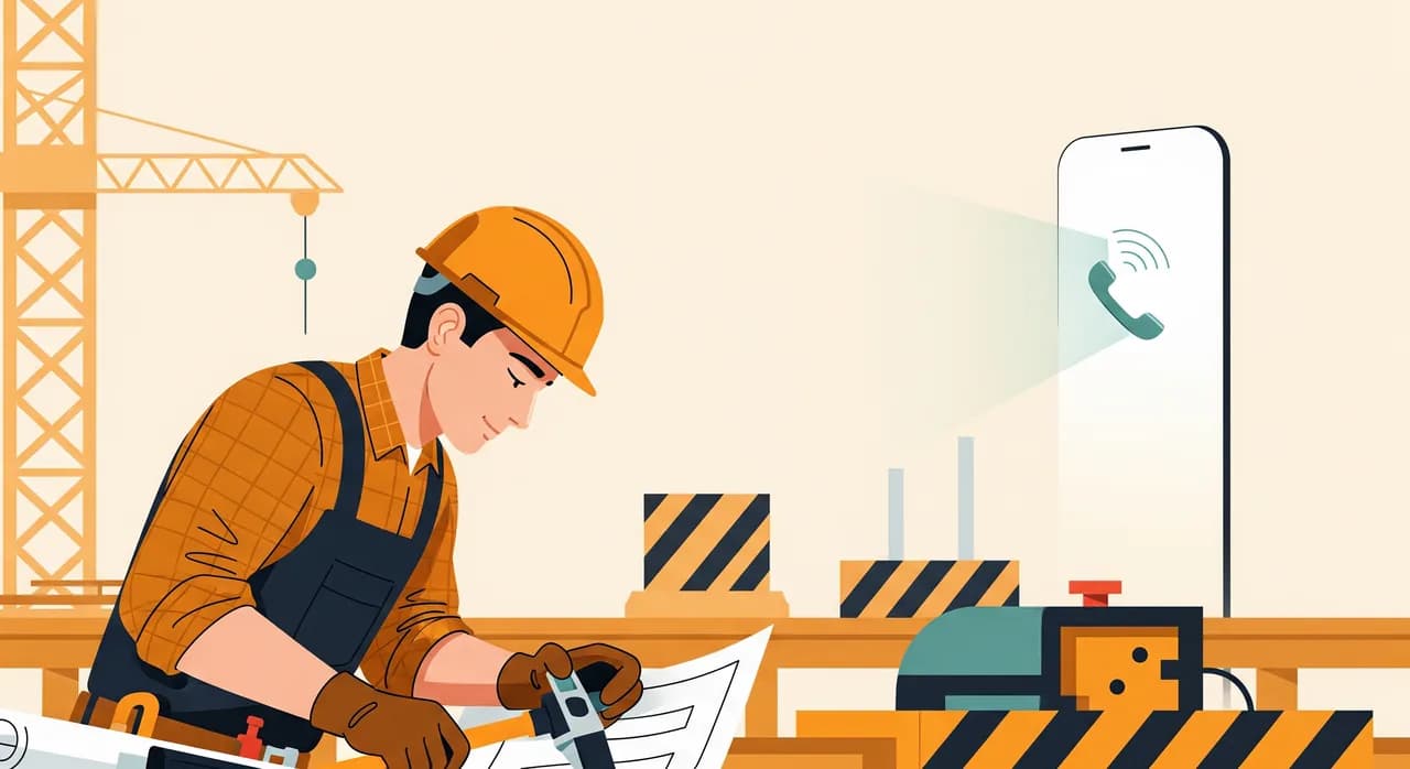 Handwerker auf einer Baustelle, während im Hintergrund ein KI-Telefonassistent einen eingehenden Anruf entgegennimmt