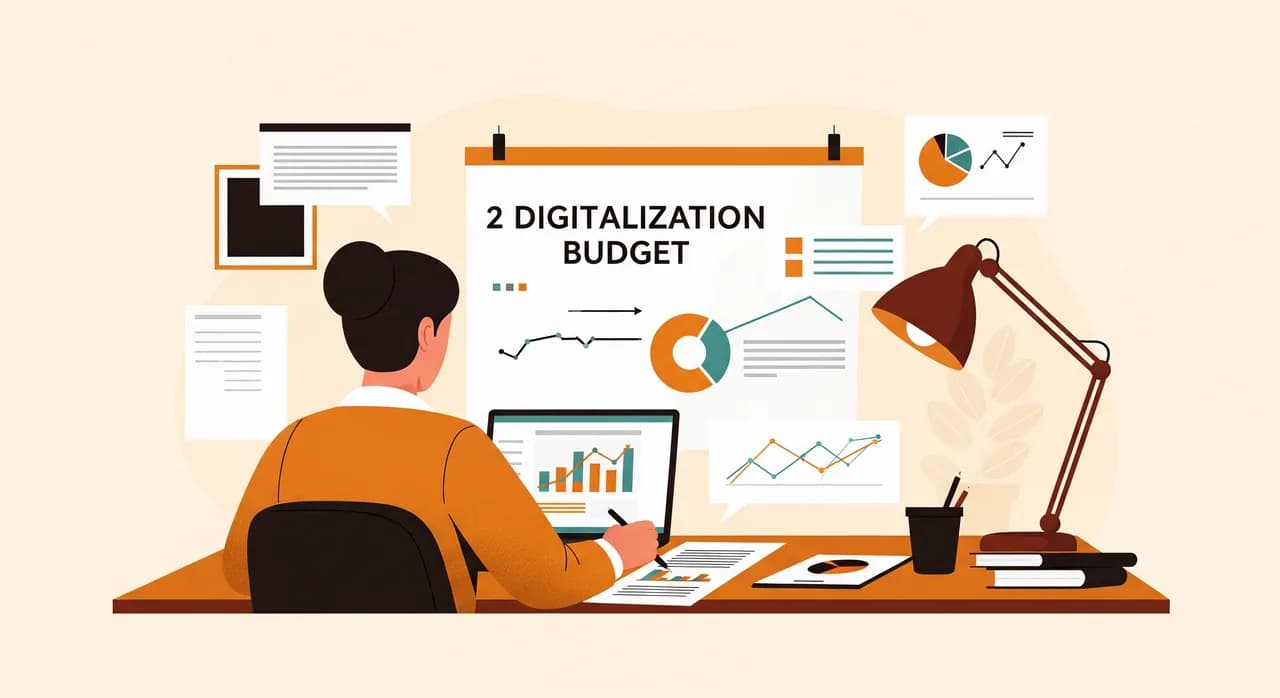 Person plant am Schreibtisch das Digitalisierungsbudget eines Unternehmens Schritt für Schritt