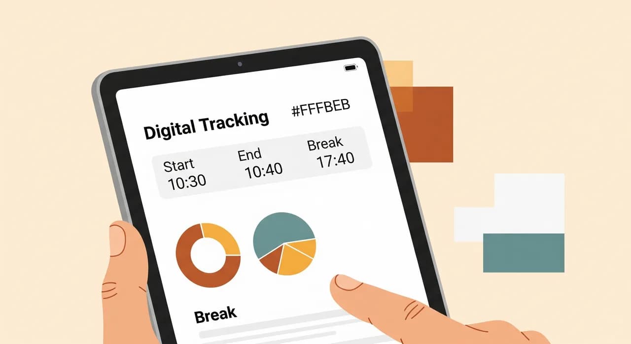 Digitale Arbeitszeiterfassung mit Beginn, Ende und Pausen auf einem Tablet in einem österreichischen Betrieb