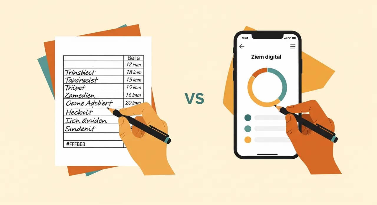 Vergleich zwischen handschriftlicher Stundenliste und digitaler Zeiterfassungs-App auf dem Smartphone