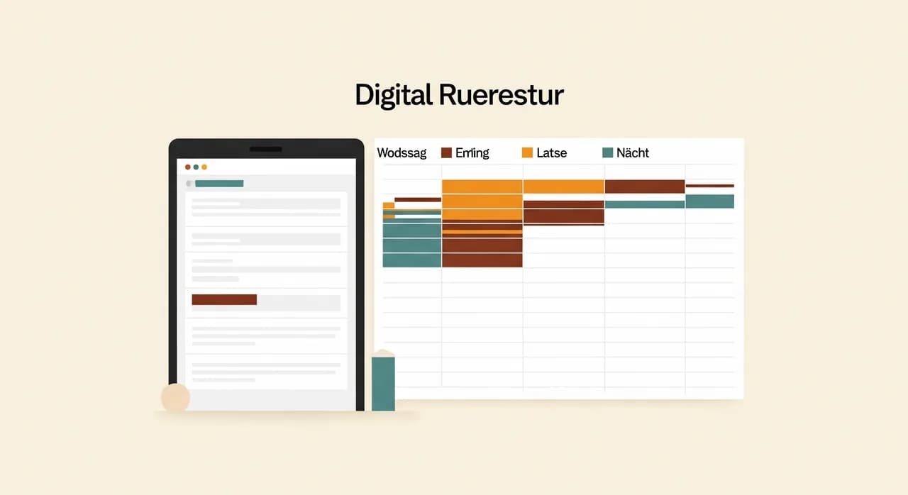 Wochenübersicht eines digitalen Dienstplans mit farblich markierten Früh-, Spät- und Nachtschichten für ein Team