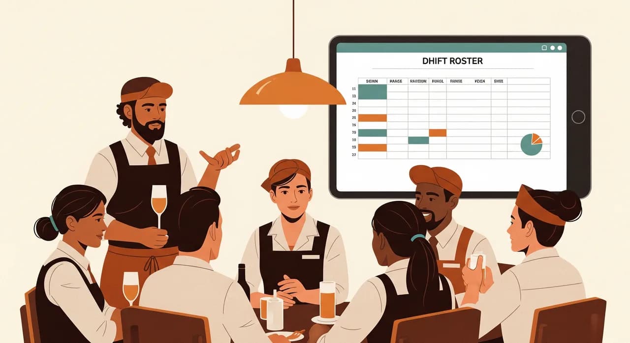 Restaurantteam bei der wöchentlichen Schichtbesprechung, im Hintergrund ein Tablet mit dem digitalen Dienstplan