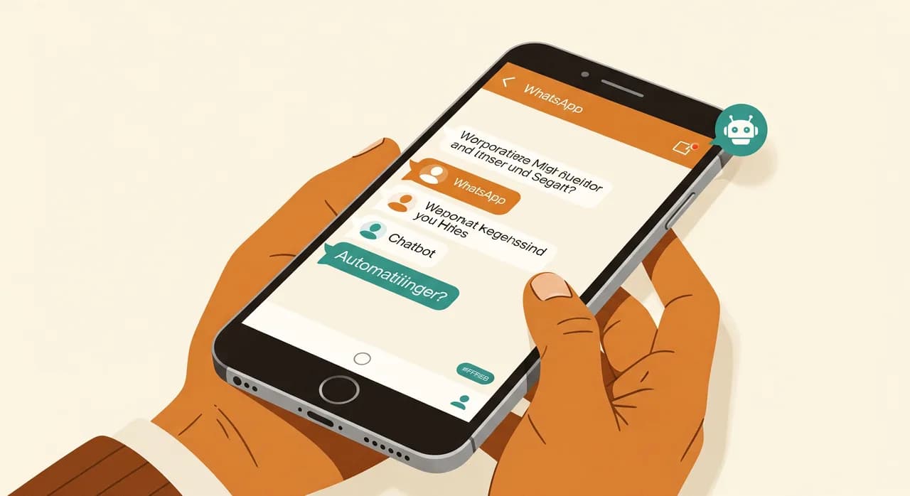 Smartphone mit einem WhatsApp-Chatverlauf, in dem ein Unternehmens-Chatbot eine Kundenanfrage automatisch beantwortet