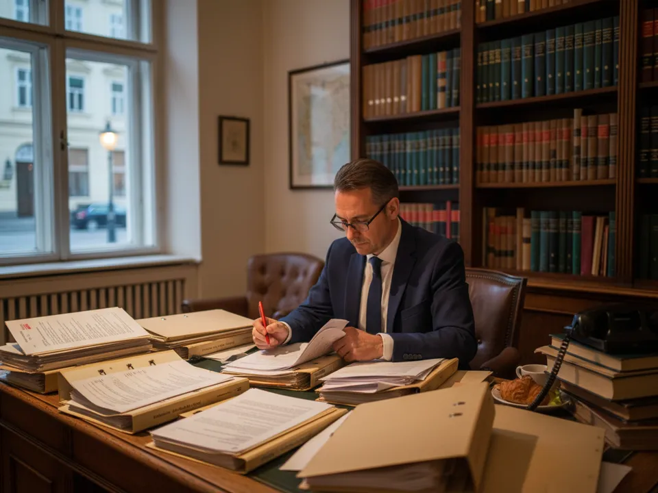 Anwaltskanzlei am Abend: offene Aktendeckel und ausgedruckte Schriftstücke auf dem Schreibtisch, dahinter ein Regal mit Gesetzesbänden