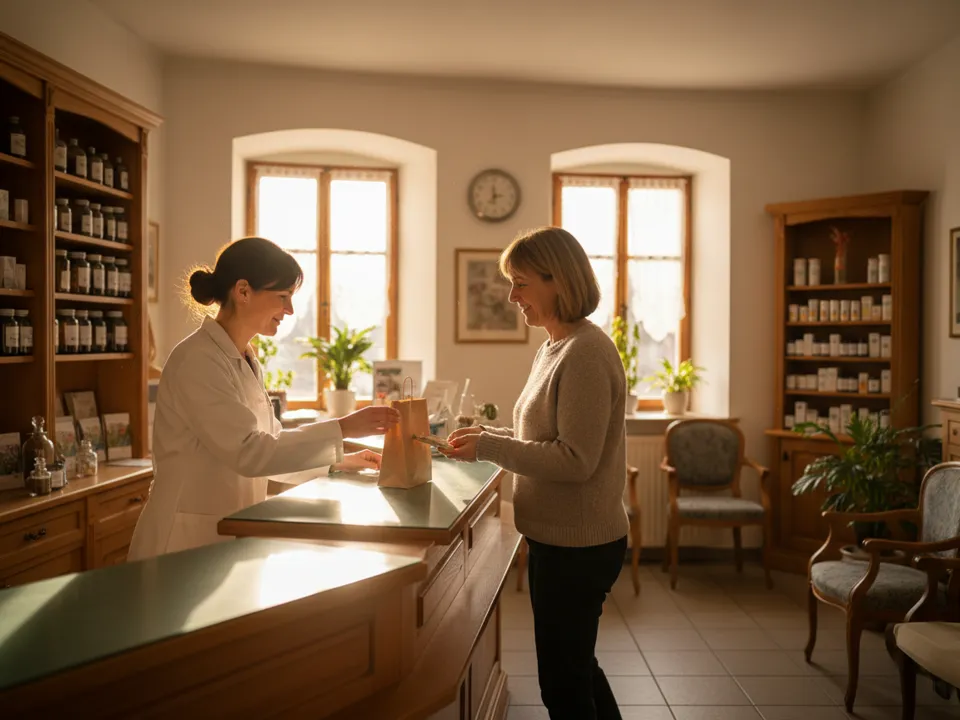 Apothekerin reicht einer Kundin am Abend die vorbereitete Tasche über die Theke, das Geschäft ist fast leer